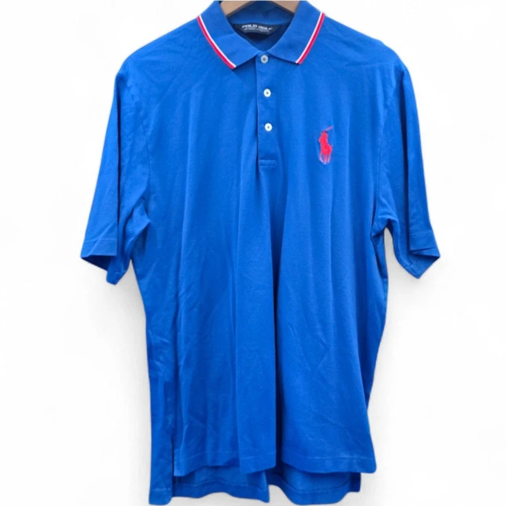 Polo Golf Ralph Lauren Mens M Blue Pima Cotton Tipped Polo Shirt Red‎ Pony